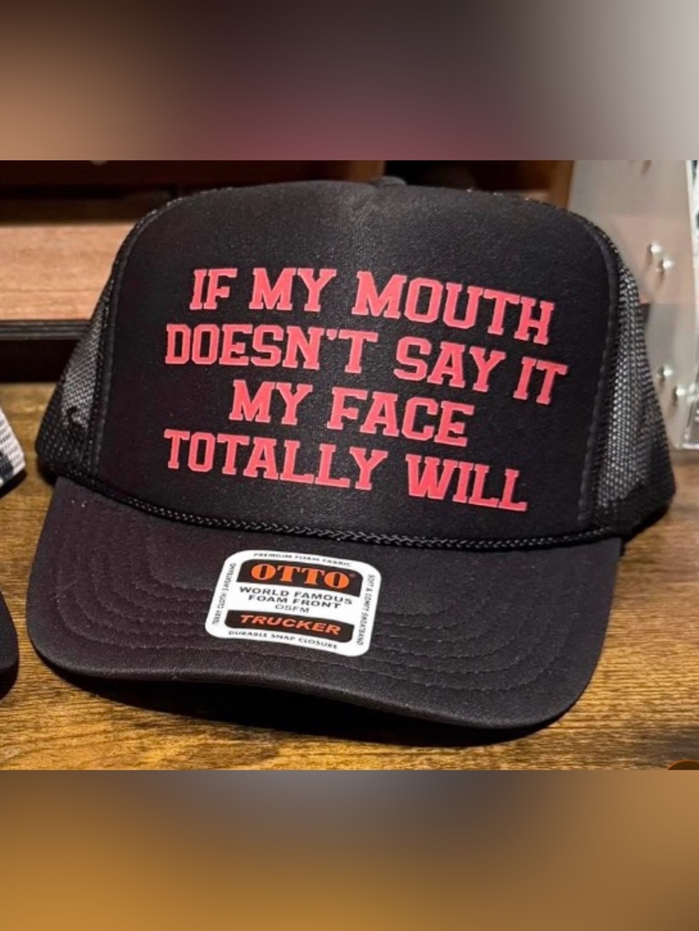 OTTO Black Trucker Hat with Pink Slogan